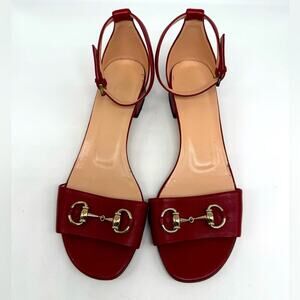 Gucci Burgundy red leather Horsebit ankle strap peep toe low heel sandals EU38.5